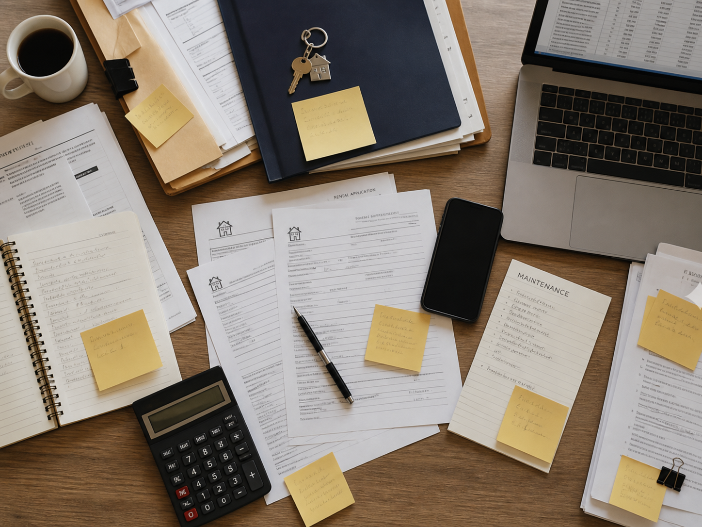 Messy property-management desk with papers, applications, sticky notes, calculator, keys, and laptop